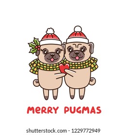 Couple in love of dogs pug breed, hug in identical hats and scarves, with heart in hand. Merry Pugmas it's funny wordplay Merry Christmas and Pug. 