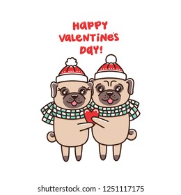 Couple in love of dogs pug breed, hug in identical hats and scarves, with heart in hand. It can be used for sticker, patch, phone case, poster, t-shirt, mug and other design.