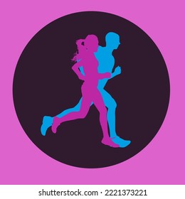 Couple in love doing sports, running drawn silhouette image. Vector graphics.