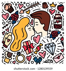 Couple in love. Doodle hand drawn Valentine's Day concept. Love symbols. Stock vector