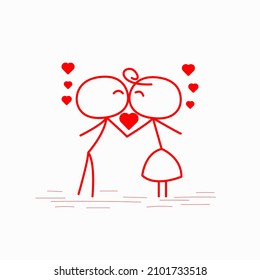 couple in love doodle stick figure, romantic couple vector illustration, romantic red line