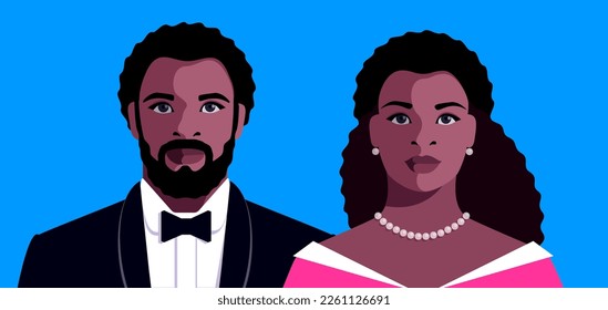 Pareja enamorada, doble retrato de cara completa de jóvenes africanos vestidos con ropa de noche. Hombre con barba en esmoquin y corbata de arco y hermosa mujer con vestido blanco y pendientes de collar. Ilustración del vector