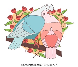 Couple in love of doves on the background of hearts and roses. It can be use in the wedding greeting card, valentines day invitation, postcard in honor of the engagement. Romantic blue and pink color.