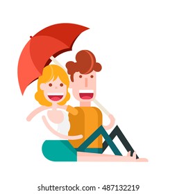 Couple In Love Down an Umbrella. Isolated Flat Vector Illustration.