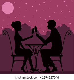 Couple in love drinking champagne on Valentine's day silhouette vector illustration 