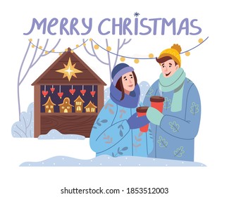 Couple in love drinking cocoa or mulled wine at christmas market. Illustration for children's book. Cute Poster .
Scandinavian style.