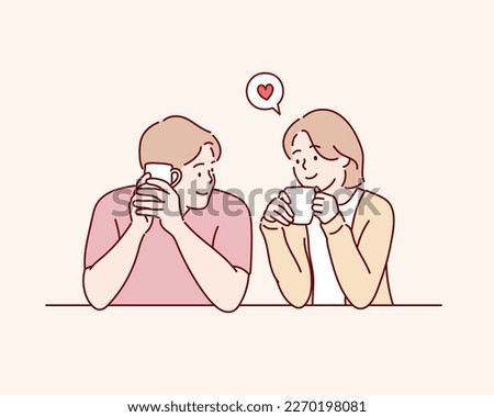 Couple in love drinking coffee. Hand drawn style vector design illustrations.