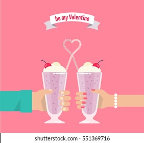 Couple in love are drinking milkshakes. The straws is in the shape of a heart. Romantic relationship concept. Flat vector illustration. Design for greeting cards, banners and other for Valentines day.