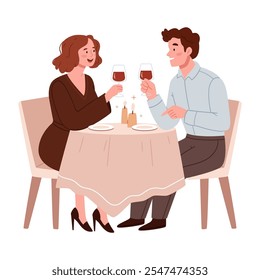 A couple in love drinks wine in a candlelit restaurant.Happy man and woman sitting at table and communicate in cafe