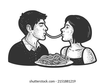 Couple In Love Eating Pasta Spaghetti Sketch Engraving Vector Illustration. T-shirt Apparel Print Design. Scratch Board Imitation. Black And White Hand Drawn Image.