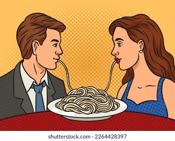 couple in love eating pasta spaghetti pop art retro vector illustration. Comic book style imitation.