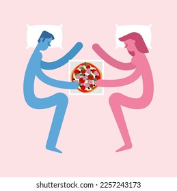 Couple in love is eating pizza in bed.