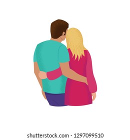 Couple in love embraces standing with their backs to the viewers. Vector isolated illustration with texture. Cartoon characters for the feast of Saint Valentine
