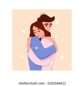 Couple in love embracing together.  Happy family of husband and wife. Cartoon characters. Valentine's day card. Vector illustration.