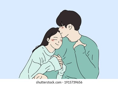Couple in love embracing together and smile. Happy family of husband and wife hand-drawn vector illustration design.