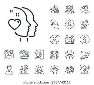 Couple love emotion sign. Specialist, doctor and job competition outline icons. Heart line icon. Valentine day symbol. Heart line sign. Avatar placeholder, spy headshot icon. Strike leader. Vector