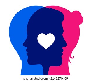 Couple In Love Emotional Connection, Concept Vector Illustration. Man And Woman Lover Heads With Heart Icon Overlapping Each Other, Isolated On White Background.