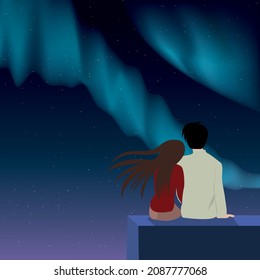 Couple in love enjoy the polar lights. Northern lights in starry sky. Can be used as postcard. Love on roof at night. Vector illustration with silhouette of loving couple. 