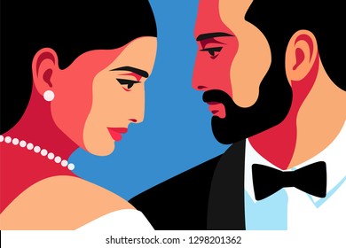 Couple in love, face to face. Male and female close-up portraits, side view. Man in a tuxedo and bow tie, woman in an evening dress. Vector illustration