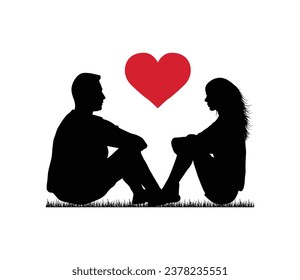 A couple in love and face to face sitting on the grass field