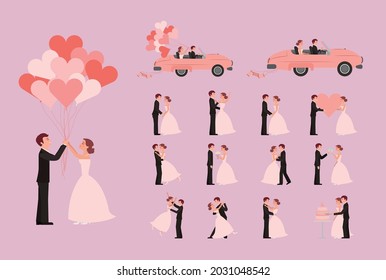 Couple in love flat decorative elements with young women and men and marriage ceremony isolated vector illustration