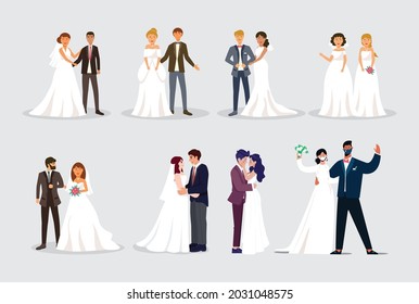 Couple in love flat decorative elements with young women and men and marriage ceremony isolated vector illustration