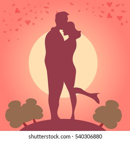 couple in love, flat style. Valentine's day card, vector illustration, style, isolated on background, kissing, sunset, silhouette