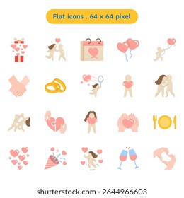 A couple love flat vector icon set. A collection such as a girl jump, dancing, celebrate, meal, holding hand, party, calendar, and embrace. Human made 64x64 pixels.