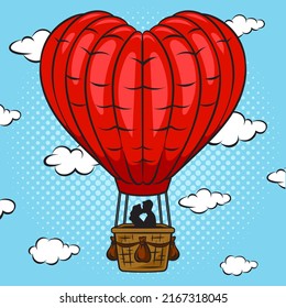 Couple In Love Flies In Heart Air Balloon Pop Art Retro Vector Illustration. Comic Book Style Imitation.