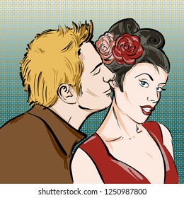 A Couple in love. Flirting girl with her kissing boyfriend. Colored vector illustration in pop art retro comic style.