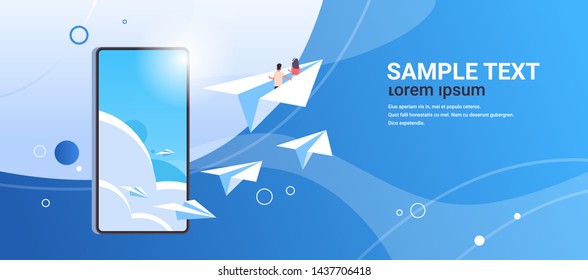 couple in love flying on paper airplane man woman lovers traveling together romantic concept smartphone screen online mobile app flat horizontal copy space