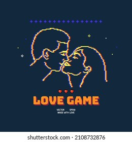 Couple in love game. Romantic lovers portrait. 8 bit pixel art style