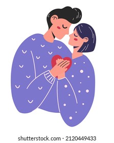 Couple in love. Girl and a guy hug and hold a heart. Relationship, Love, Valentine's day, Romantic concept. Vector cartoon illustration for banner, poster, card, postcard.