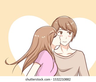 Couple in love girl kissing boy cheek cute sweet bright teen lover in pastel vector illustration