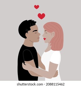 Couple in love. Girl with pink hair. Vector illustration. Velentines day greeting card