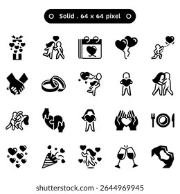 A couple love glyph solid symbol vector icon set. A collection such as a girl jump, dancing, celebrate, meal, holding hand, party, calendar, and embrace. Human made 64x64 pixels.