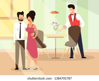 Couple in Love go Restaurant  Illustration Flat. Man and Woman in Elegant Clothes are Leaving Place. Waiter Cleans Table. Guy Hugs Waist Girl. Pleasant Atmosphere Establishments has Good Mood.