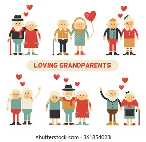 A couple in love grandparents. Happy together. Celebrate Valentine's Day. Set of isolated flat icons.