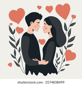 Couple in love, guy and girl, against the background of hearts and nature. Valentine's Day, Family Day. Vector illustration. For love sites, invitations, dating apps, posters, banners.