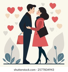 A couple in love, a guy and a girl, give each other gifts against the background of hearts. Valentine's Day, Family Day. Vector illustration. For love sites, invitations, dating apps, posters, banners