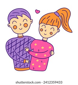 Couple in love, guy and girl, hug and smile. Valentines day concept. Colorful vector isolated illustration hand drawn doodle clip art. February 14, romance. Man and woman. Pink and purple colors