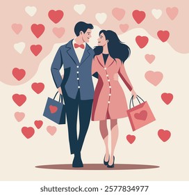 A couple in love, a guy and a girl, on the background of hearts, are leaving a store with gifts. Valentine's Day, Family Day. Vector illustration. For love sites, invitations, dating apps, posters, ba