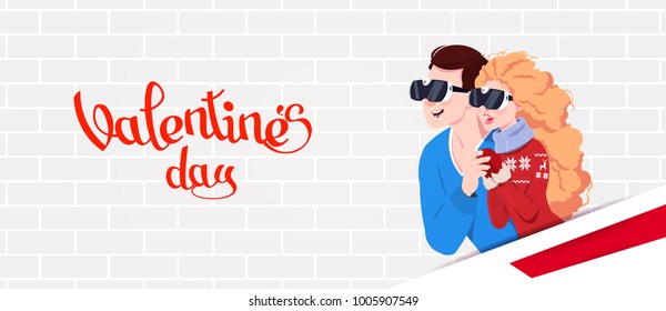Couple in love.  A guy and a girl in virtual reality glasses, postcard to the day of the holy Valentine. Vector illustration