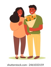Couple in love. The guy surprises the girl, the man gives a bouquet of flowers. Vector graphics.