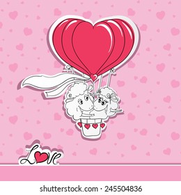 Couple in love. Hand drawn happy two sheep riding a hot air balloon. Idea for greeting card with Wedding or Valentine's Day. Vector illustration
