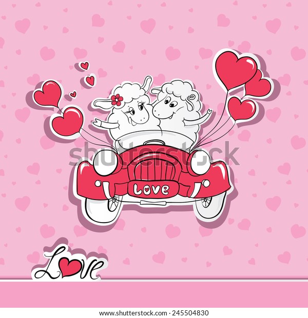 Couple in love. Hand drawn happy sheep in\
red car. Idea for greeting Wedding or Valentine\'s Day card. Vector\
illustration