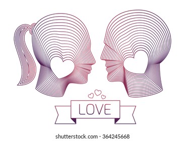 Couple in love. Happy man and woman vector profiles looking at each other. Nice fits for wedding or marriage design. Illustration made from concentric thin line shapes.