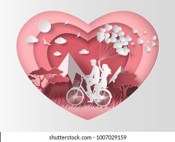 Couple in love, happy couple riding along on mountain with one hand holding heart shaped balloons, paper art style, flat-style vector illustration.