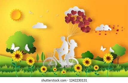 Couple in love, happy couple riding along on mountain with one hand holding heart shaped balloons, beautiful sunset background, paper art style, flat-style vector illustration.