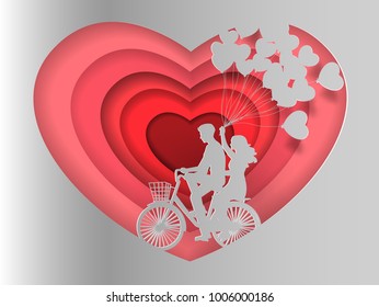 Couple in love, happy couple riding together on bicycle with one hand holding heart shaped balloons, paper art style, flat-style vector illustration.